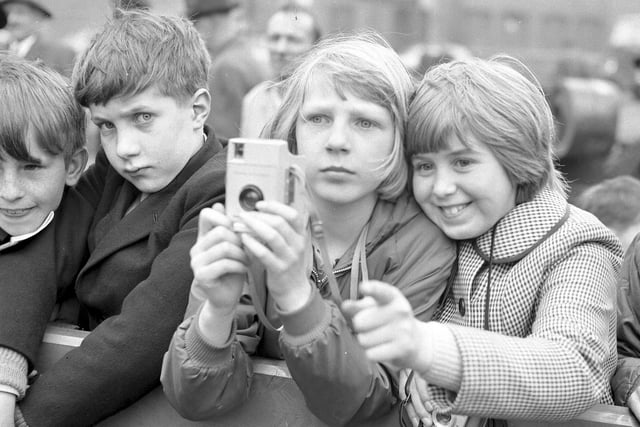 Elaine Chennells (left) and Maureen Cassidy, both 11, capture a permanent record of the launch of the Shirrabank at the Pallion shipyard of Wm Doxford and Sons in May 1966.