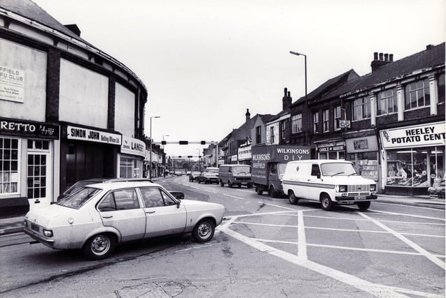Shops and traffic at Heeley pictured in March 1982