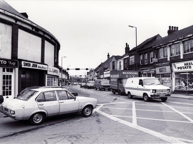 Shops and traffic at Heeley pictured in March 1982
