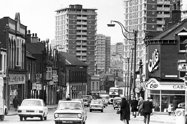 A look along London Road, Sheffield, in 1970, with the high rise flats in the background