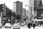 A look along London Road, Sheffield, in 1970, with the high rise flats in the background