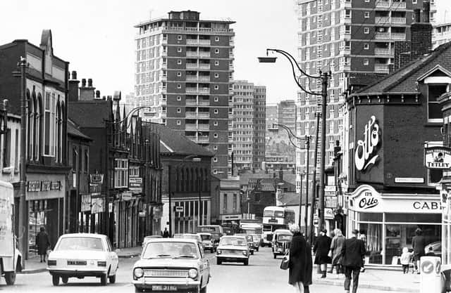 A look along London Road, Sheffield, in 1970, with the high rise flats in the background