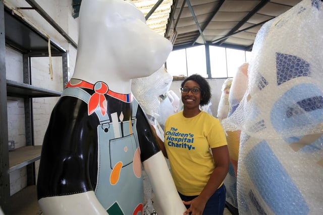 By 2021, Sheffield Children's Hospita had new ways of raising money - like the Charity Bears of Sheffield 2021. Pictured is Cheryl Davidson, Bears of Sheffield Project Manager with the bear by artist Tom Pigeon. Picture: Chris Etchells
