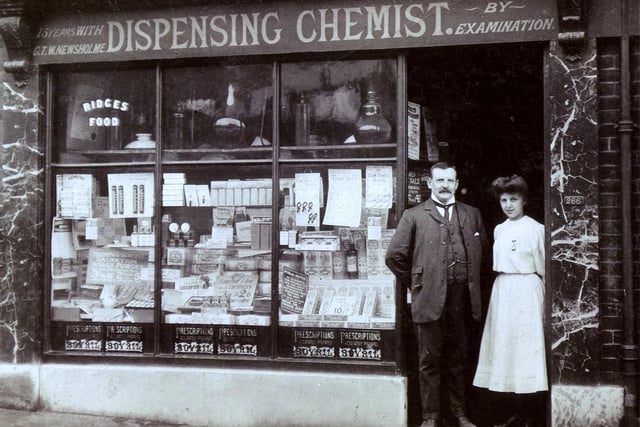 Mr Haining and his daughter pictured at the Dispensing Chemist, Heeley Green - Submitted by Sid Wetherill, Heeley History Group