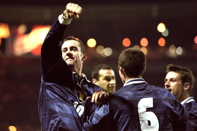 Don Hutchison celebrates his goal but despite winning the match, Scotland lost the play-off tie 2-1 on aggregate