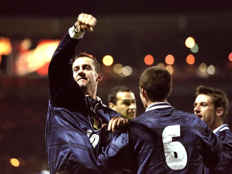 Don Hutchison celebrates his goal but despite winning the match, Scotland lost the play-off tie 2-1 on aggregate