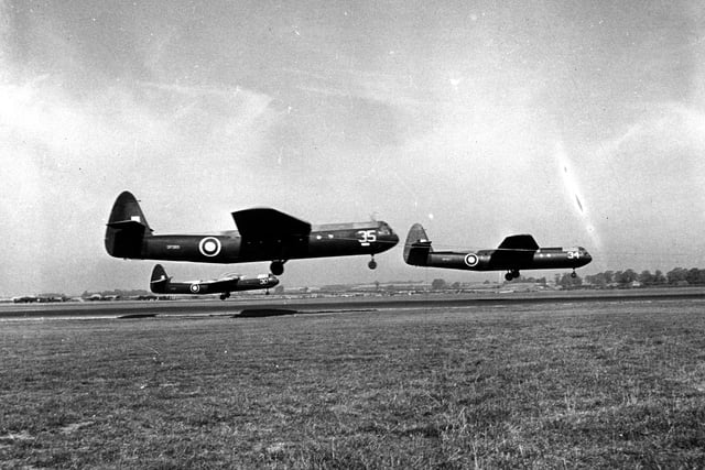 1943:  Three British Airspeed Horsa gliders taking to the air towed by Whitleys. These gliders were used as troop carriers in the Allied invasion of Europe and could carry 15 fully armed troops and equipment.  (Photo by Topical Press Agency/Getty Images)