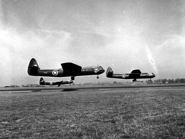 1943:  Three British Airspeed Horsa gliders taking to the air towed by Whitleys. These gliders were used as troop carriers in the Allied invasion of Europe and could carry 15 fully armed troops and equipment.  (Photo by Topical Press Agency/Getty Images)