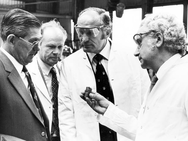 Former heavyweight boxing champion Henry Cooper visits Bedford Steels Limited,  Sheffield, in June 1982