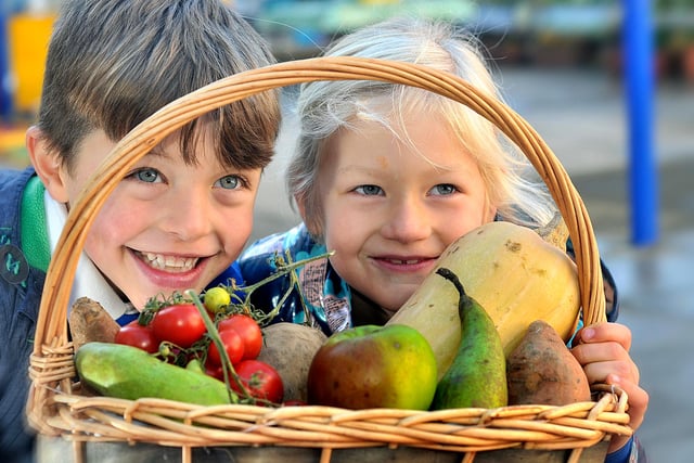 Seamer and Irton School grew fresh vegetables to donate . Ben Fenster and Lilly Ianson with a harvest hamper in 2016