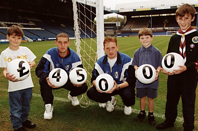 Andrew Kidd, Compmanthorpe Scouts with Andy Booth and Mark Pembridge  from Sheffield Wednesday Football Club in 1996 at the Co-Op Bank Customers Who Care charity presentation