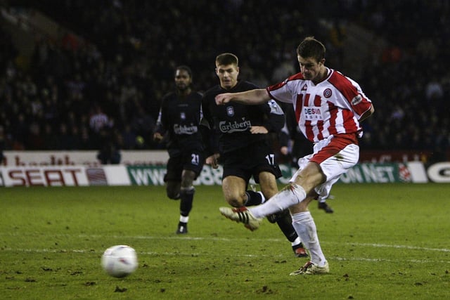 Michael Tongue scores the equalising goal against Liverpool in the Worthington Cup semi-final, first leg match at Bramall Lane in January 2003.