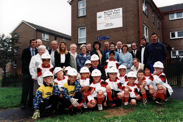 Kids from the Norfolk Park All-stars and the Red Bullets football teams show off their new kids with members of the Norfolk Park community; council regeneration team and Simon Tyalor business development executive with strip sponsor Frank Haslam Milan in 1999