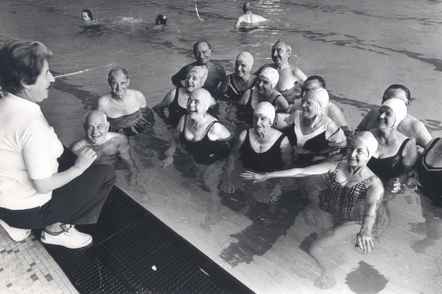 A pensioners' swimming club having fun at Sheaf Valley Baths with instructor Rose Gore on September 13, 1976