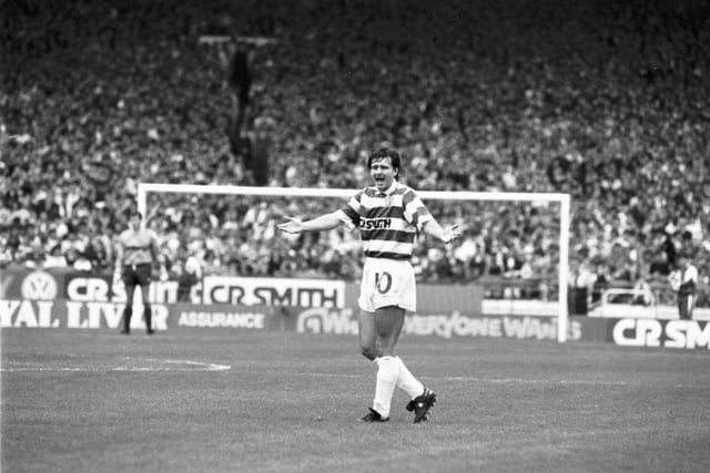 Celtic's Charlie Nicholas appeals for some back-up from the team during a Celtic v Aberdeen football match at Parkhead, Glasgow, in September 1990.