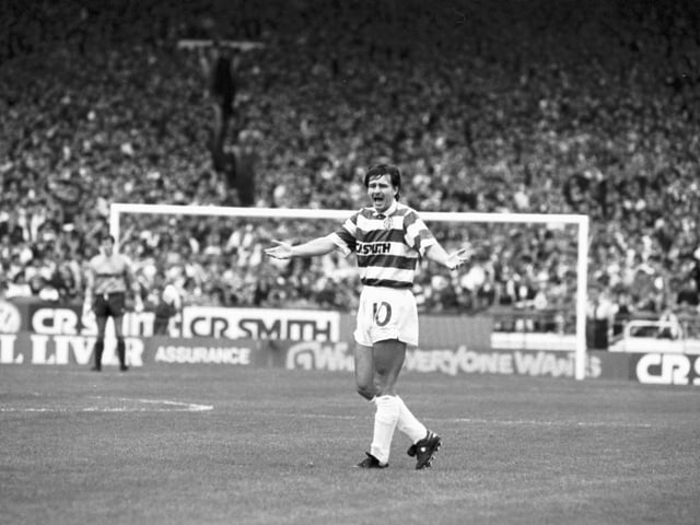 Celtic's Charlie Nicholas appeals for some back-up from the team during a Celtic v Aberdeen football match at Parkhead, Glasgow, in September 1990.