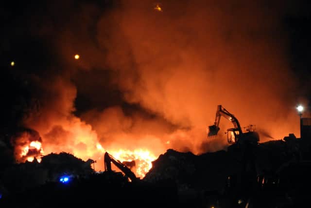 A huge fire at Arthurs Skip Hire & Waste Management on Parkwood Road in Neepsend, Sheffield (pic: u FX @TwistedAnim)