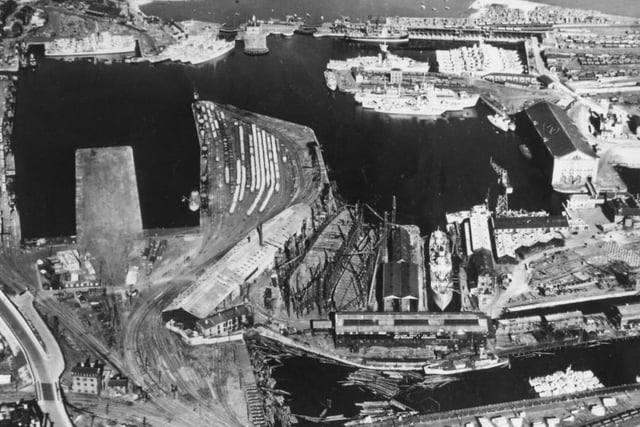 The West Hartlepool Dock System showing Gray's North yard in the foreground and remnants of the mothball fleet in the background Photo: Hartlepool Museum Service.