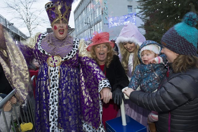 The Moor Christmas lights are switched on by lord Mayor Coun Anne Murphy, with characters from the Sheffield panto