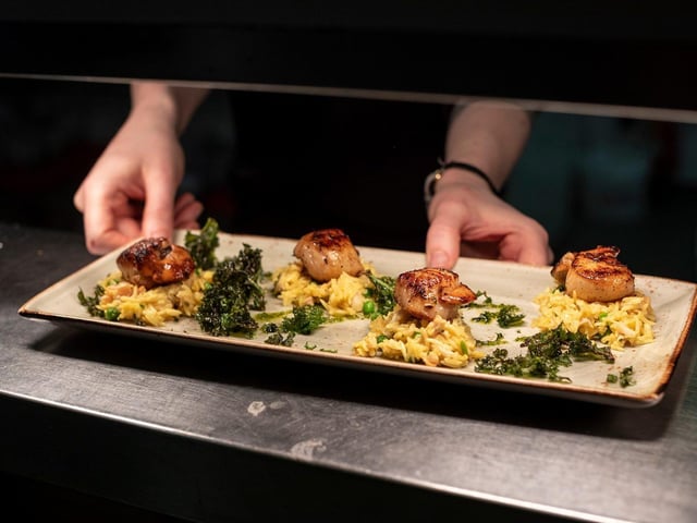 "Views to make the heart melt and seafood to boot" and "love it there" said some of our foodie pals about this boutique hotel and coaching inn, with a seafood restaurant that features dishes including pan fried locally landed halibut fillet with crushed minted potatoes, sauteed Croft 16 purple sprouting broccoli, and this appealing looking scallop dish.
www.kyleskuhotel.co.uk