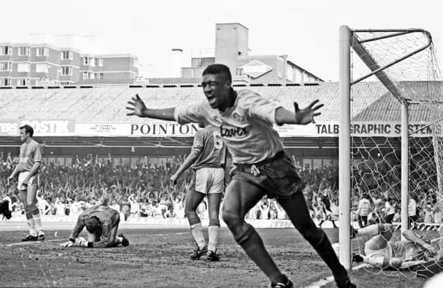 Sheffield United v Leicester City - 5 May 1990 - Brian Deane ecstatic after scoring and putting United firmly on the road to promotion.