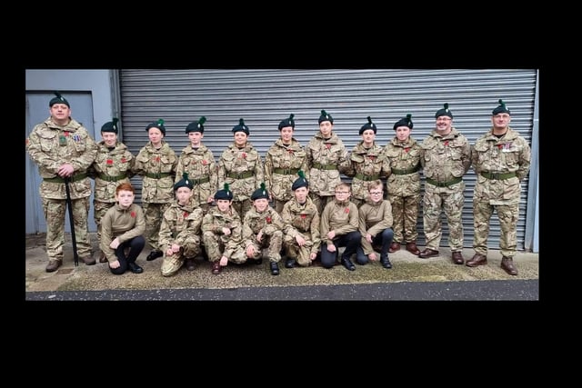Cadets and Adults of Larne Detachment, Army Cadet Force (ACF) pictured ahead of the Remembrance Day parade.   The wreath layers for the Detachment were Cadet Falconer, Cadet Maxwell and Cadet Adrain.