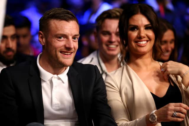 Leicester City and England Striker in attendance with wife Rebekah Vardy (R) and Vanessa White (R) during Amir Khan v Phil Lo Greco at Echo Arena on April 21, 2018 in Liverpool, England. (Photo by Jan Kruger/Getty Images)