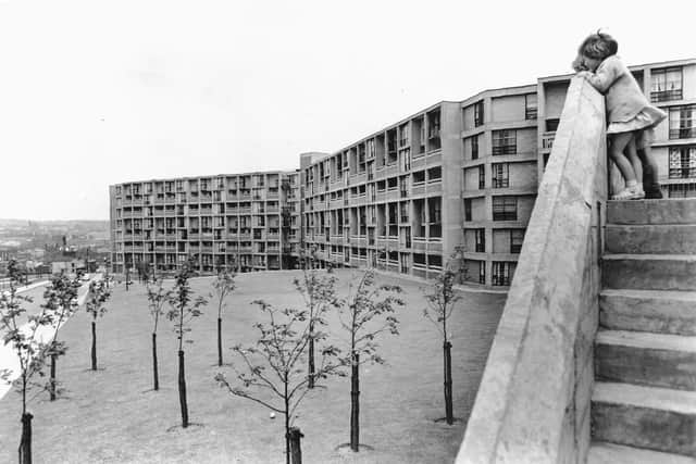 Youngsters looking over the new Park Hill flats in the 1960s