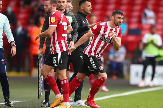Enda Stevens comes on during Sheffield United's win over Derby County: Simon Bellis / Sportimage