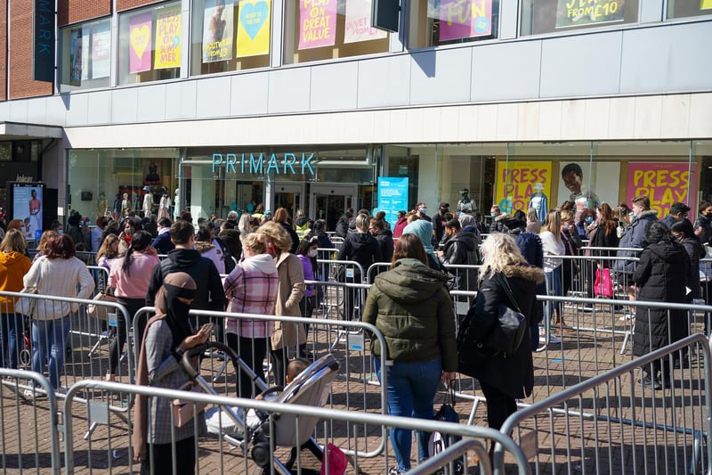 Thousands of people flocked to Primark for its grand reopening, with shoppers pictured in huge queues as they waited to be allowed inside in stores around England.