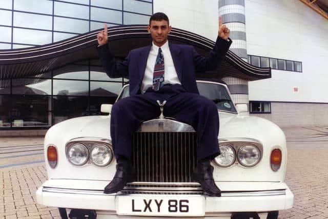 Prince Naseem Hamed pictured on a Rolls Royce outside Hillsborough Leisure Centre ahead of his fight against Antonio Picardi in 1994