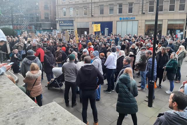 Hundeds of people marched through Sheffield City Centre to protest against the mandatory Covid vaccine policy for NHS staff.