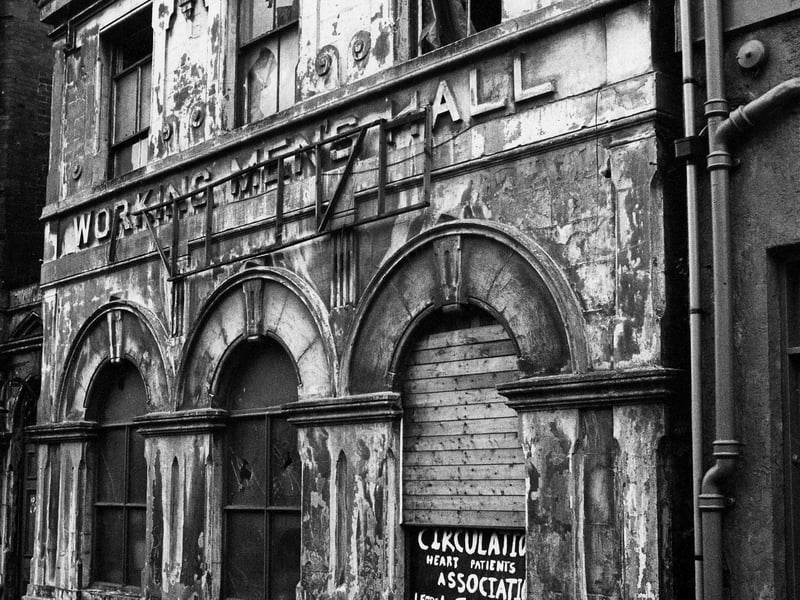Working Men's Hall, on Park Street, Leeds city centre, in 1981. This building was demolished in 1987, with the site to be part of the new magistrates' courts. The Leeds Working Men's Institute had begun in 1861, with this hall opening in 1867. The facilities provided for working men included a library and newsroom, which took daily papers and magazines, games such as chess, and a washroom with hot water, soap and towels. It cost 1p per week for use.