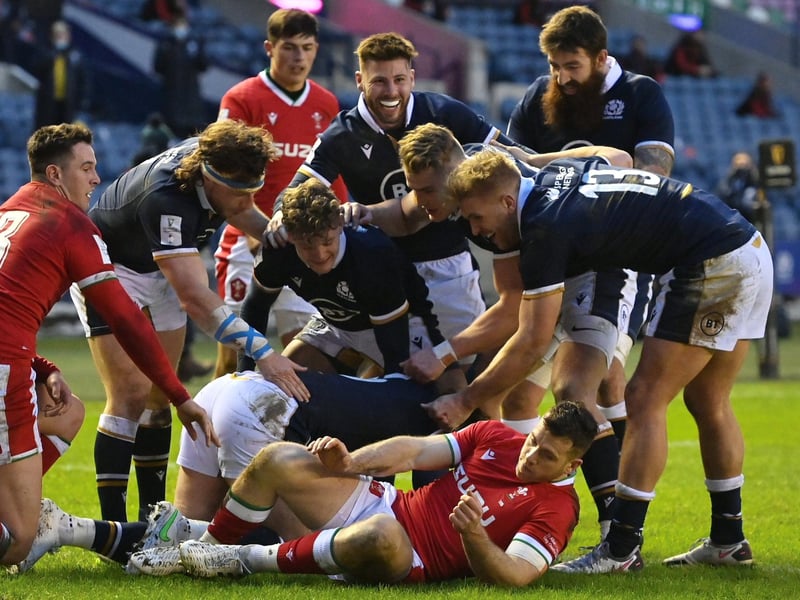 The Scotland players celebrate Stuart Hogg's try during a Guinness Six Nations tie between Scotland and Wales at BT Murrayfield