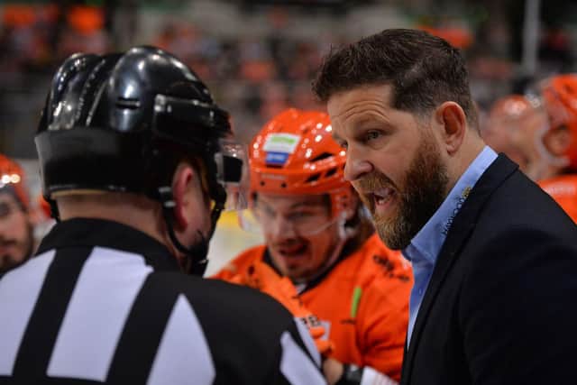 Aaron Fox makes a point during Sheffield Steelers win over Dundee Stars
