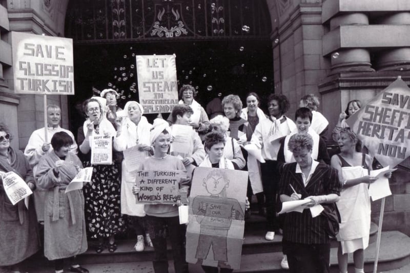Protestors on the Town Hall steps fighting to keep Glossop Road Baths open in October 1989