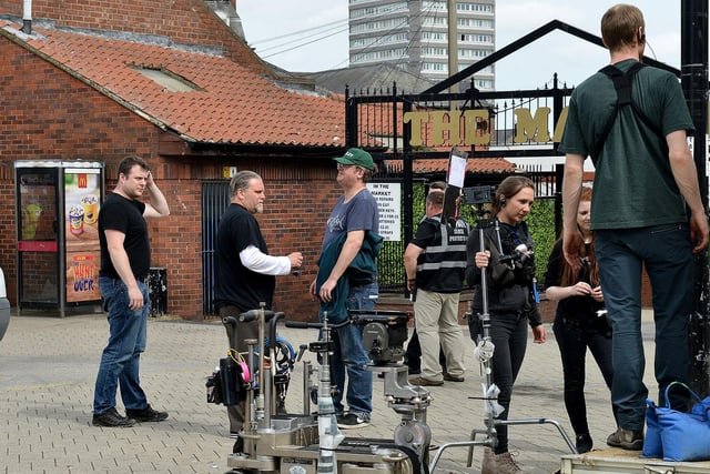 The film crew packing away at The Market in Holmeside in 2018.