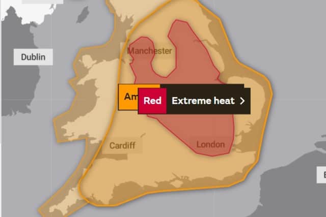 The Met Office has issued an amber weather warning for Sheffield and much of the country ahead of temperatures of up to 36C on Monday, July 17. Image by OpenStreetMap, OpenMapTiles and The Met Office,