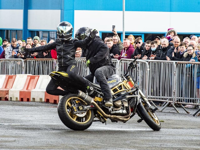 Two Brothers Racing stunt team has been formed for eight years now and is a trio team consisting of Mark Van Driel Aka Vandal and Paul Todd AKA Toddy and Katrina Van Driel. Picture; Lisa Ferguson