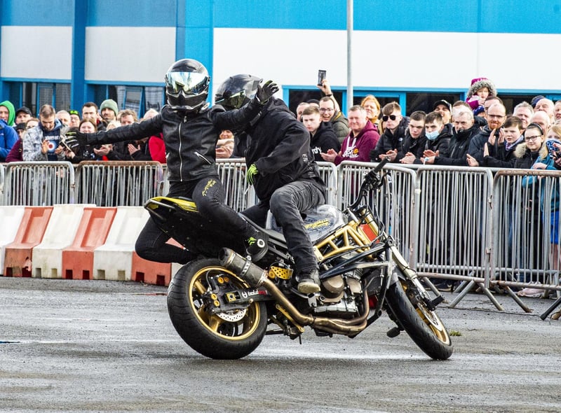Two Brothers Racing stunt team has been formed for eight years now and is a trio team consisting of Mark Van Driel Aka Vandal and Paul Todd AKA Toddy and Katrina Van Driel. Picture; Lisa Ferguson
