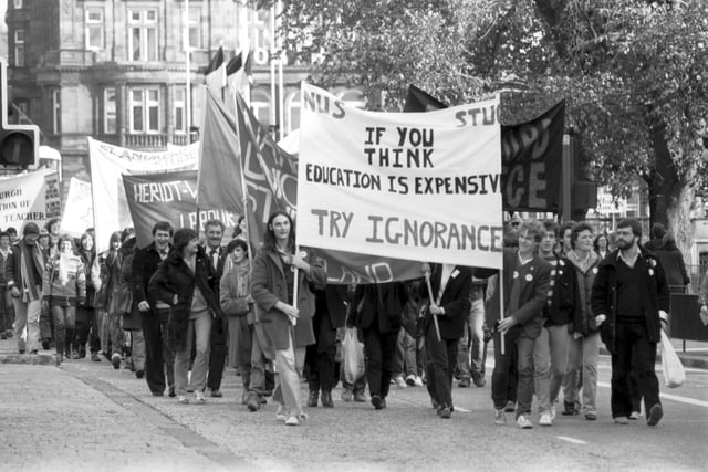 The National Union of Students (NUS) hold a demonstration in Edinburgh to protest against the education cuts in October 1981.