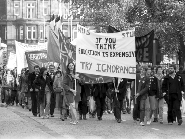 The National Union of Students (NUS) hold a demonstration in Edinburgh to protest against the education cuts in October 1981.