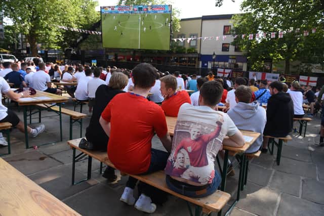 Photo Neil Cross; Fans watching England v Germany in Euro 2020 at the fans zone at Preston's Flag Market