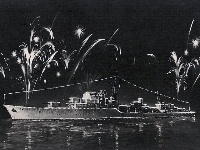 The fleet lit up for the Coronation fleet review at Spithead in 1953.