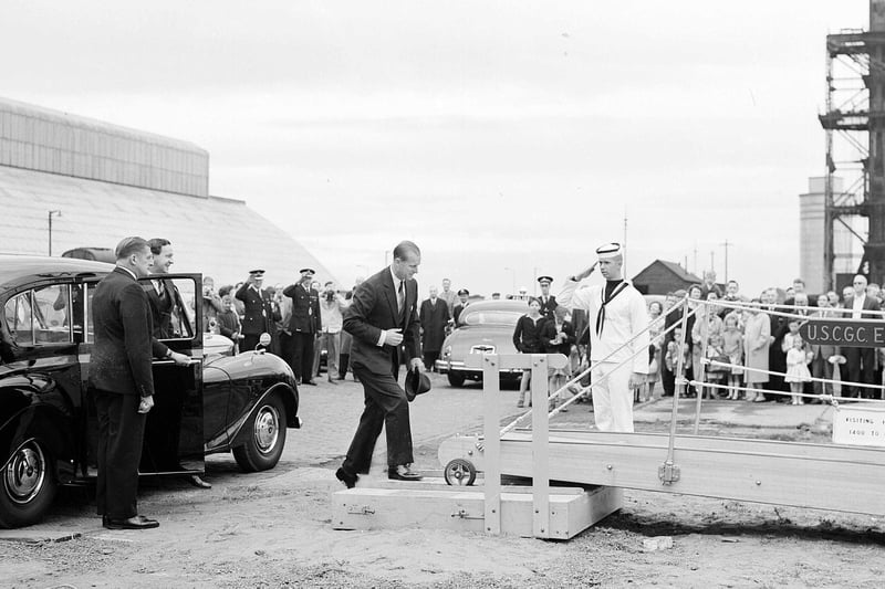 Duke of Edinburgh visits US Coastguard Cutter Eagle at Leith, 1960s.