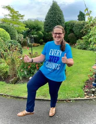 Helen pictured with her Every Step Counts T-shirt, representing Diabetes UK