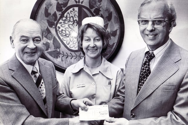 A cheque for £252 was presented in March 1985 to Jack Hurst, administrative director of St Luke's Nursing Home, right, from Alan Hewitt, concert administrator of the Christmas Music and Carols by King Edward VII School Choirs Concert ,organised to raise funds for St Luke's Nursing Home. Also pictured is Diana Plumtree, assistant to the matron
