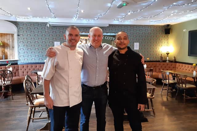 Some of the Walkley Cottage team including sous chef Shane Sinclair (left); landlord Matthew Begley (centre) and head chef Matt Wasnidge (right).