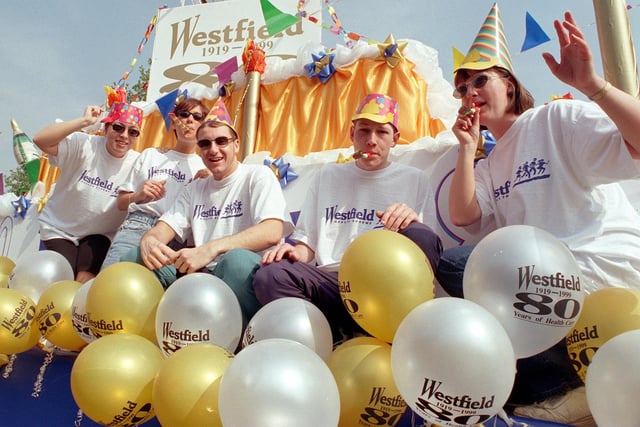 Angela Moore, Amanda Hinchliffe, Wayne Parkin and Edward Innocent on the Westfield Float.in 1999