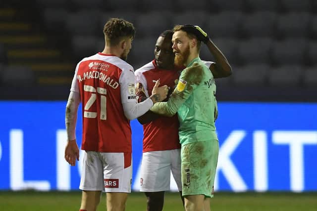 Angus MacDonald, Freddie Ladapo and Viktor Johansson of Rotherham United  celebrate after the Sky Bet Championship match between Sheffield Wednesday and Rotherham United at Hillsborough  (Photo by Ross Kinnaird/Getty Images)